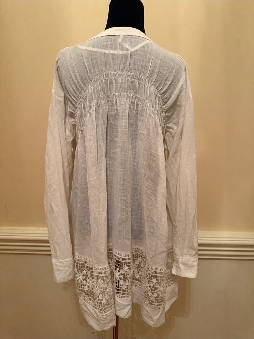 Free People Green Gardens White Gauzy Button-Front Tunic w/ Lace Hem Size Small - Picture 5 of 11